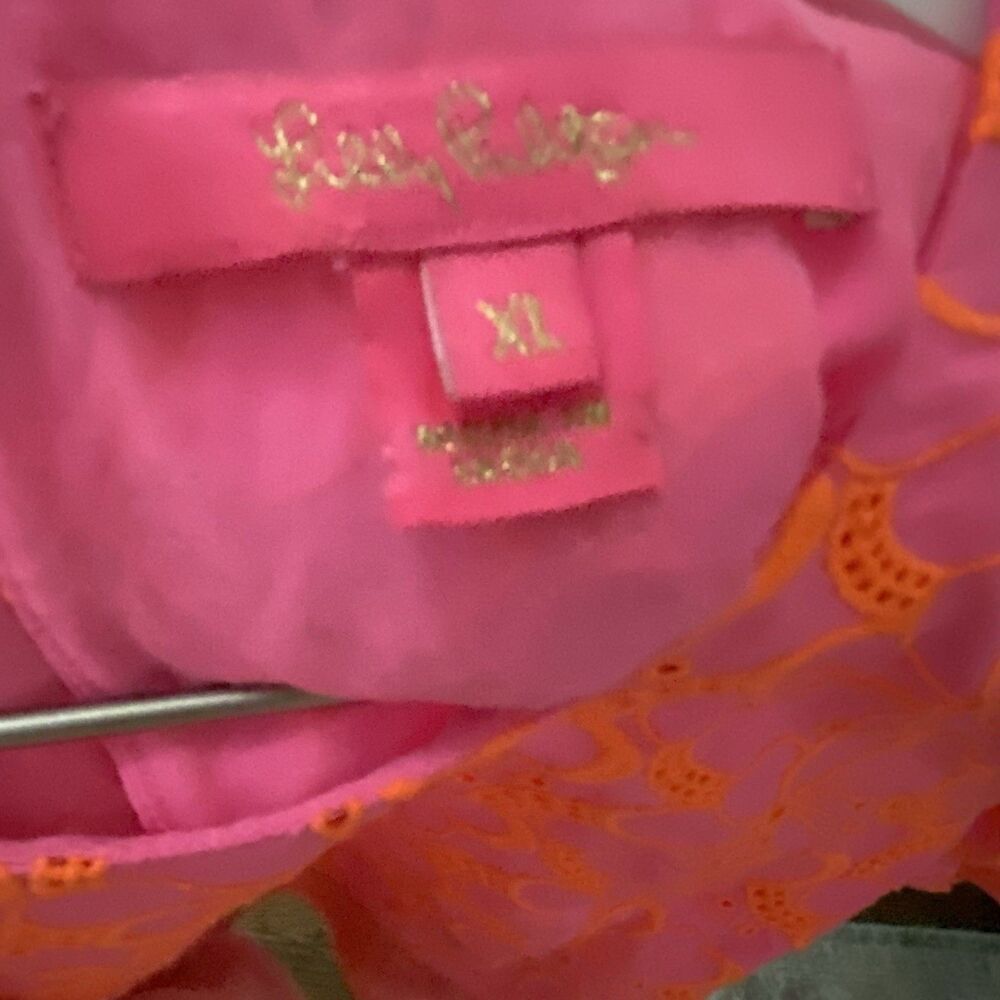 Lilly Pulitzer Lailah Top Neon Pink Orange Embroidered Eyelet Floral Glam XL - Picture 5 of 9